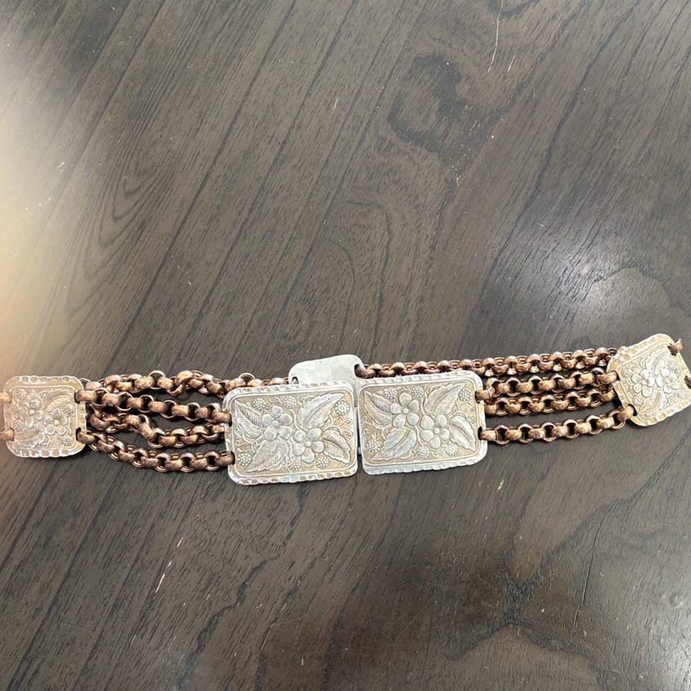 Antique Women's Floral Embossed Metal Chain Belt - Copper and Silver Tones